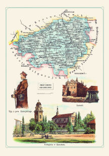 Plakat grafika MAPY Bazewicz Gubernia Lubelski Powiat Zamojski - Zamość, Sczebrzeszyn, Krasnobród, Goraj - Kolegiata w Zamościu REPRINT