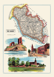 Plakat grafika MAPY Bazewicz Gubernia Płocka Powiat Lipnowski - Lipno, Dobrzyn, Kikoł, Skempe - Ruiny zamku w Bobrownikach, Ulica Płocka w Lipnie, Kościół w Skempem REPRINT