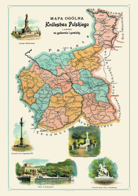 Plakat grafika MAPY Bazewicz Mapa ogólna Królestwa Polskiego REPRINT