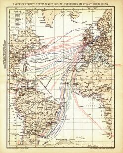 Plakat grafika MAPA Trasy żeglugi parowców Ocean Atlantycki REPRINT