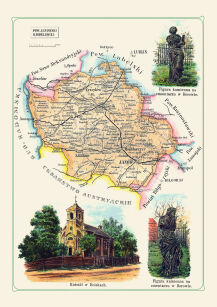 Plakat grafika MAPY Bazewicz Gubernia Lubelski Powiat Janowski - Kraśnik, Urzędów, Zaklików, Janów, Modliborzyce, Annopol - Kościół w Boiskach REPRINT