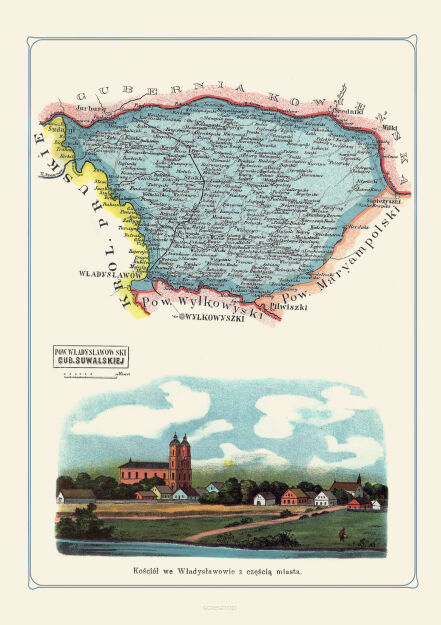 Plakat grafika MAPY Bazewicz Gubernia Suwalska Powiat Władysławowski - Władysławów - Kościól we Władysławowie  REPRINT