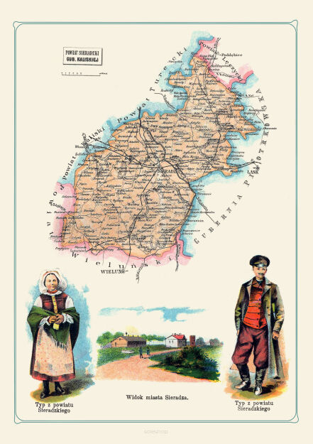 Plakat grafika MAPY Bazewicz Gubernia Kaliska Powiat Sieradzki - Sieradz, Warta - Widok miasta Sieradza REPRINT