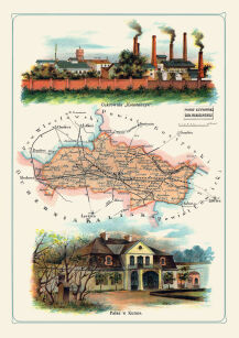 Plakat grafika MAPY Bazewicz Gubernia Warszawska Powiat Kutnowski - Kutno, Krtośniewice, Kłodawa, Żychlin - Cukrownia "Konstancya", Pałac w Kutnie REPRINT