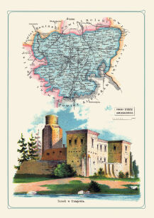 Plakat grafika MAPY Bazewicz Gubernia Kaliska Powiat Turecki - Turek, Uniejów - Zamek w Uniejowie REPRINT