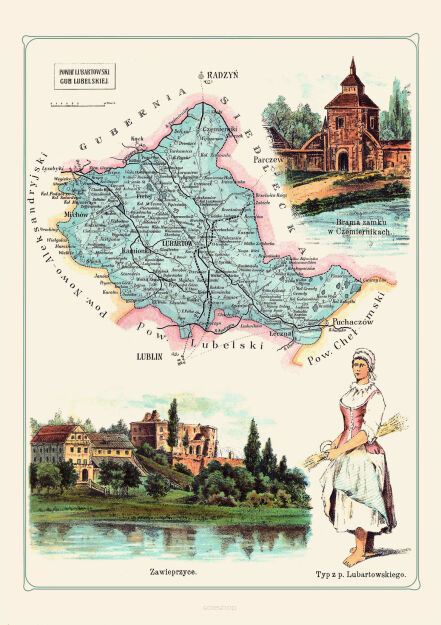 Plakat grafika MAPY Bazewicz Gubernia Lubelski Powiat Lubartowski - Lubartów, Kamionka, Łęczna, Michów - Brama zamku w Czemiernikach, Zawieprzyce REPRINT