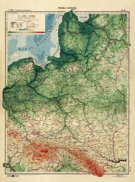 Plakat grafika MAPY Mapa fizyczna POLSKA WARSZAWA z 1937 REPRINT ROMER ok. 29,5 x 39 cm